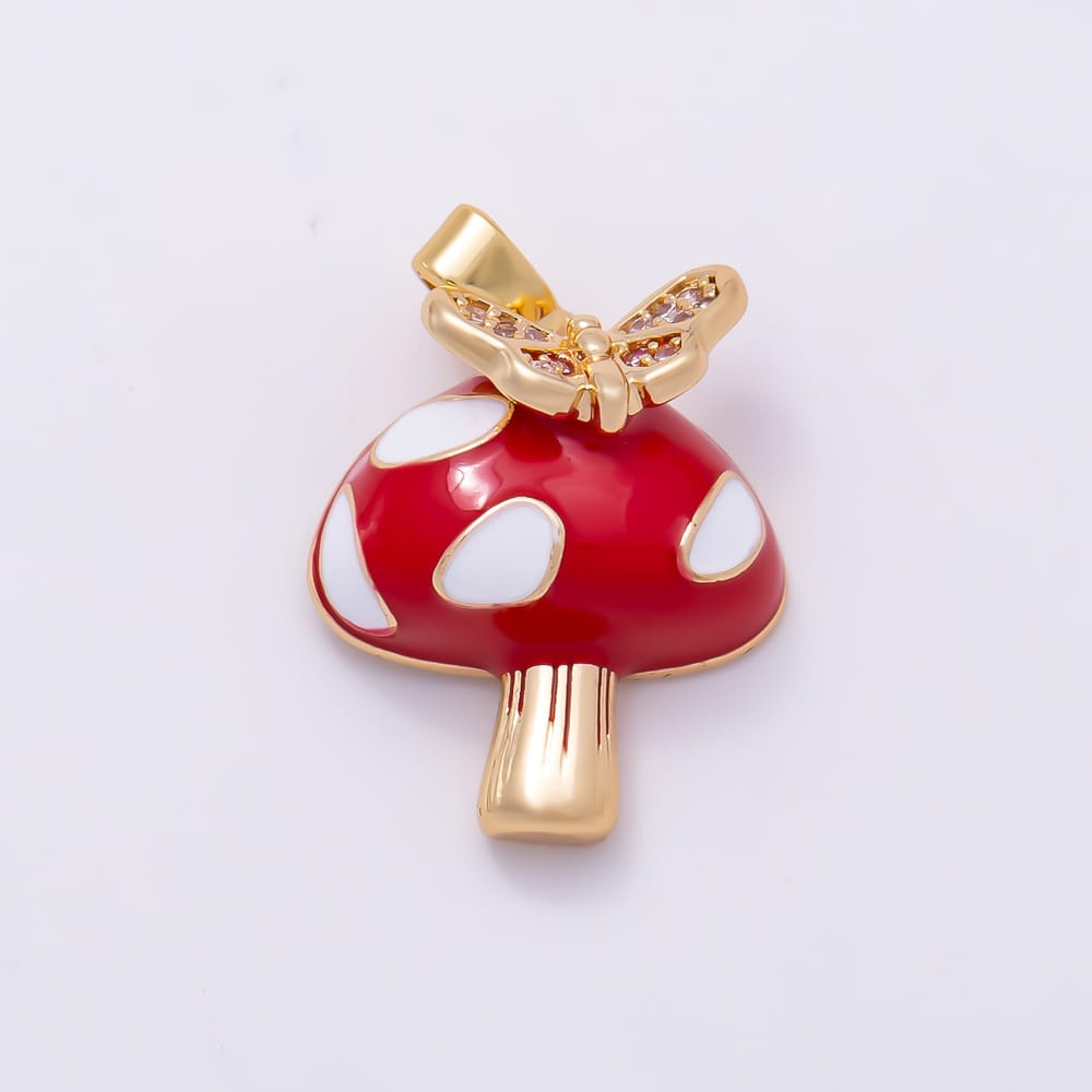 16K Gold Filled 17mm Micro Paved CZ Butterfly Red Enamel Mushroom Vegetable Pendant | Charms-02326