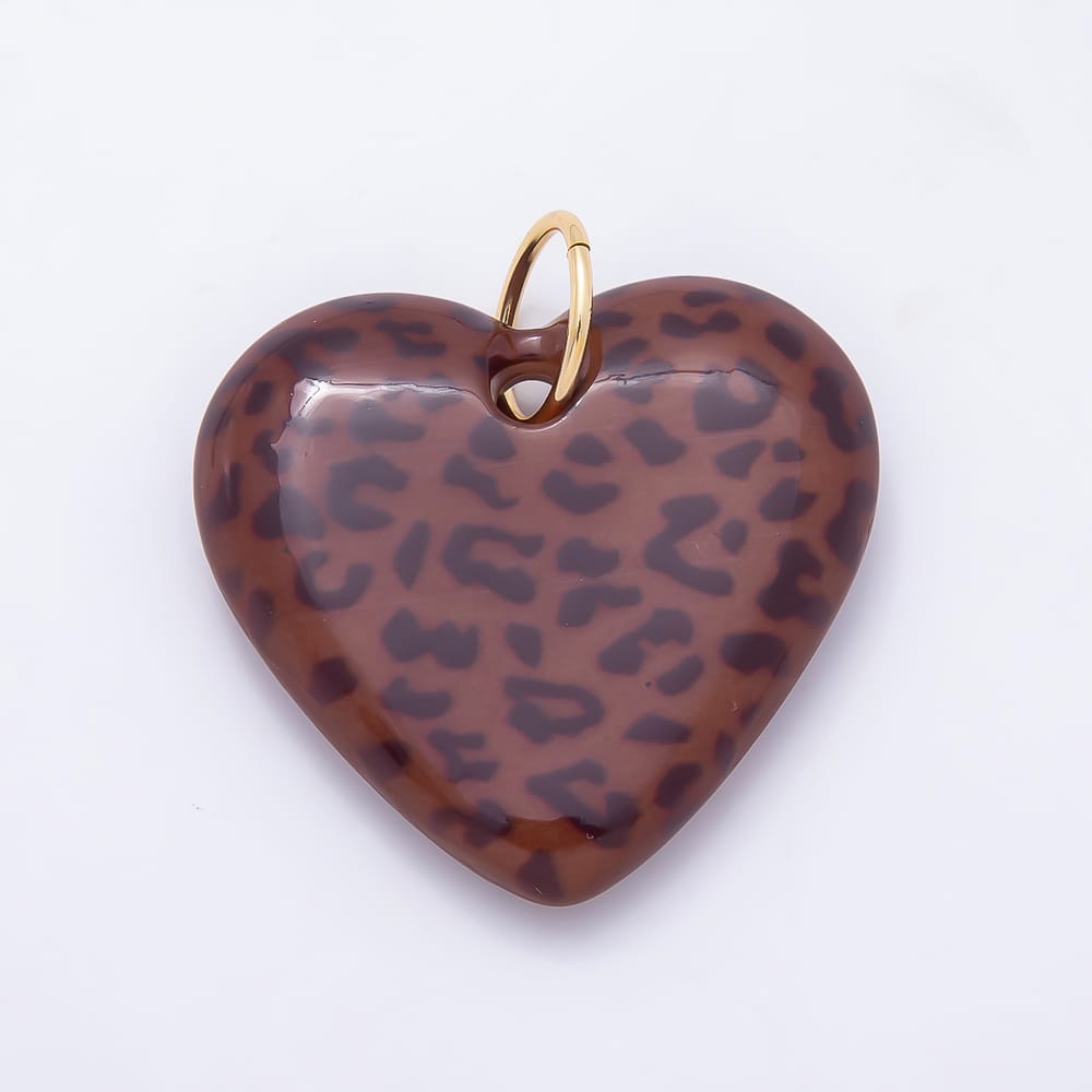 AUNTUMN FALL 16K Gold Filled 48mm Cheetah Leopard Print Brown Enamel Resin Heart Charm | Charms-02361