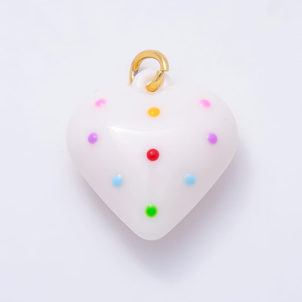 18K Gold Filled 35mm Multicolor Polka Dotted White Enamel Resin Chubby Heart Charm | Charms-02383
