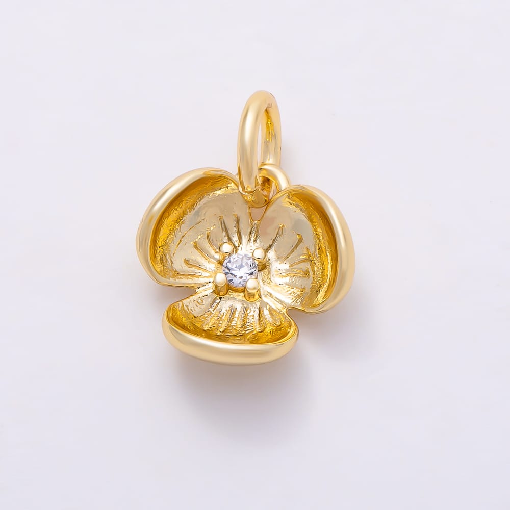 16K Gold Filled 10mm Clear CZ Lined Triple Petal Flower Round 3D Multidimensional Charm | Charms-02397
