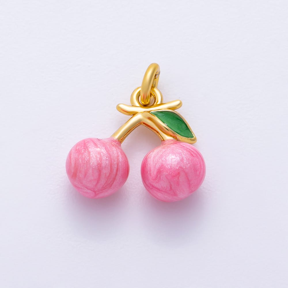 16K Gold Filled 12mm Pink Glitter Enamel Cherry Fruit 3D Multidimensional Mini Charm | Charms-02455