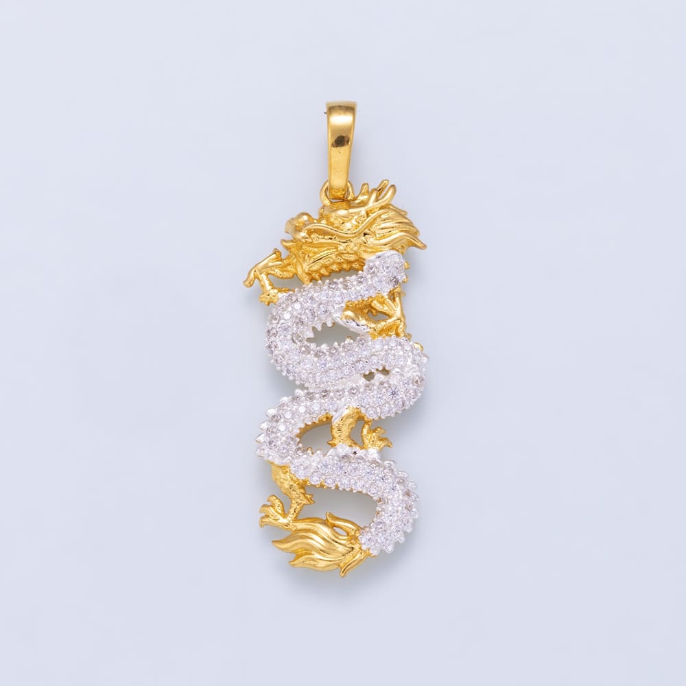 16K Gold Filled 34mm Mixed Metal Micro Paved CZ Dragon Pendant | Charms-02470