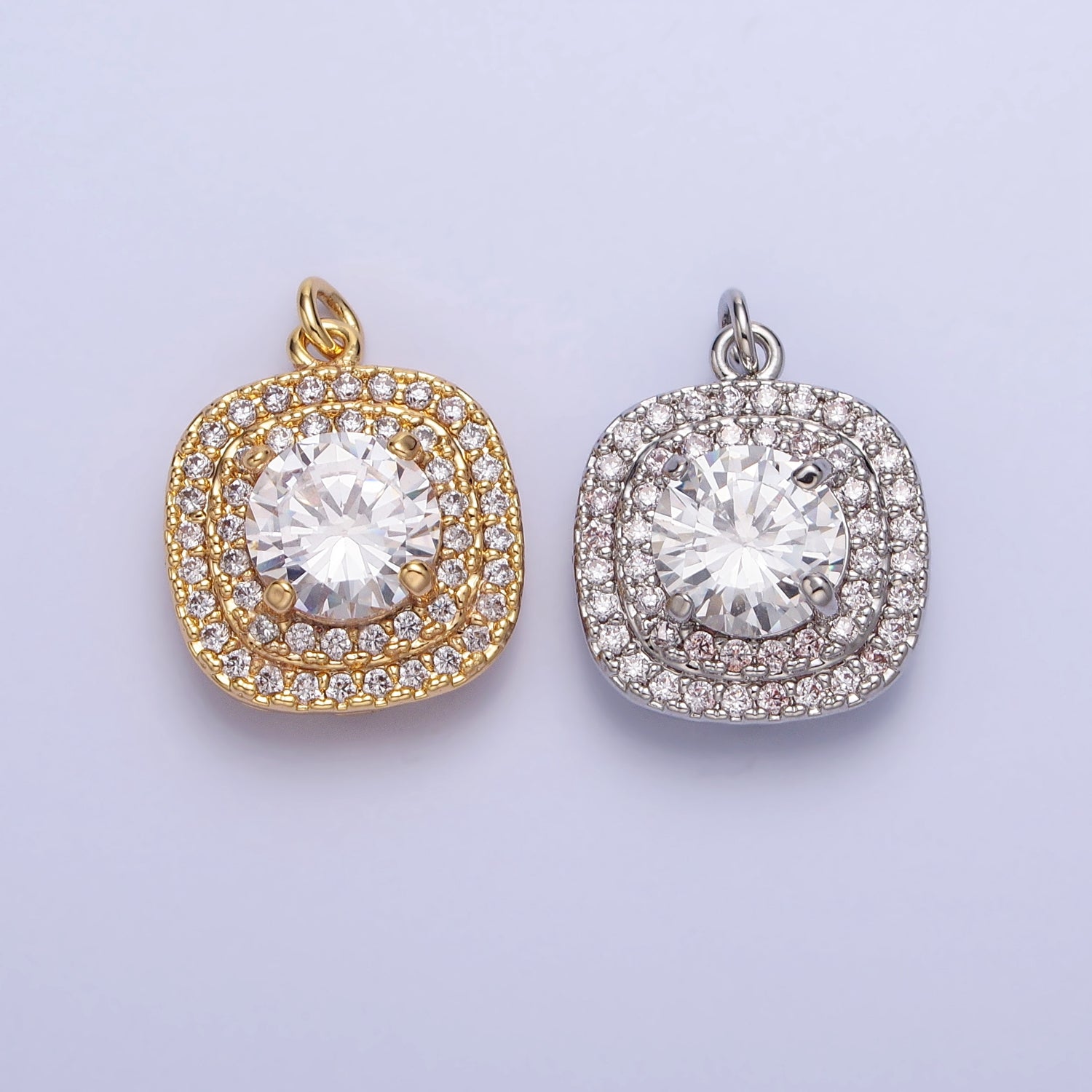 16K Gold Filled Square Micro Paved Round Clear CZ Add-On Charm in Gold & Silver | AC389 AC390