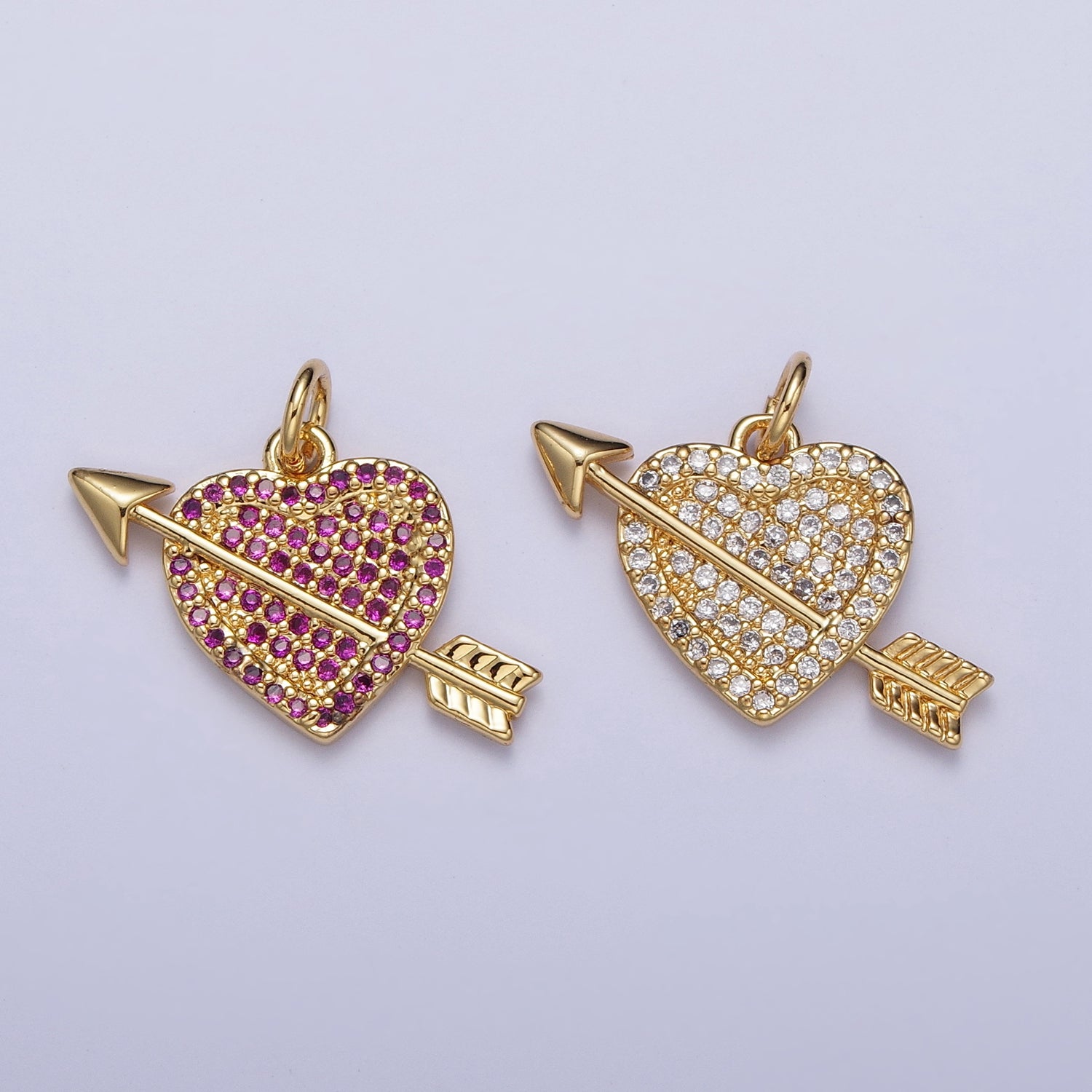 Micro Paved Fuchsia/Clear CZ Arrow Heart Gold Charm Valentine Pendant | C-791