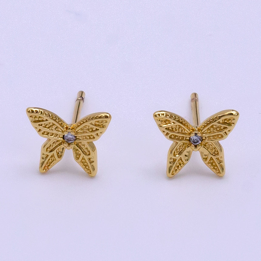 16K Gold Filled 8mm Clear CZ Textured Butterfly Mini Stud Earrings | Clearance