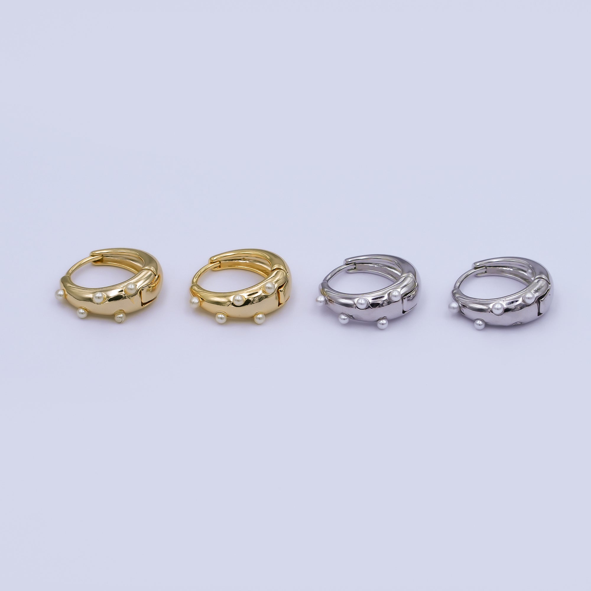 24K Gold Plated 14.5mm Shell Pearl Dotted Huggie Earrings in Gold & Silver | AE423 AE628