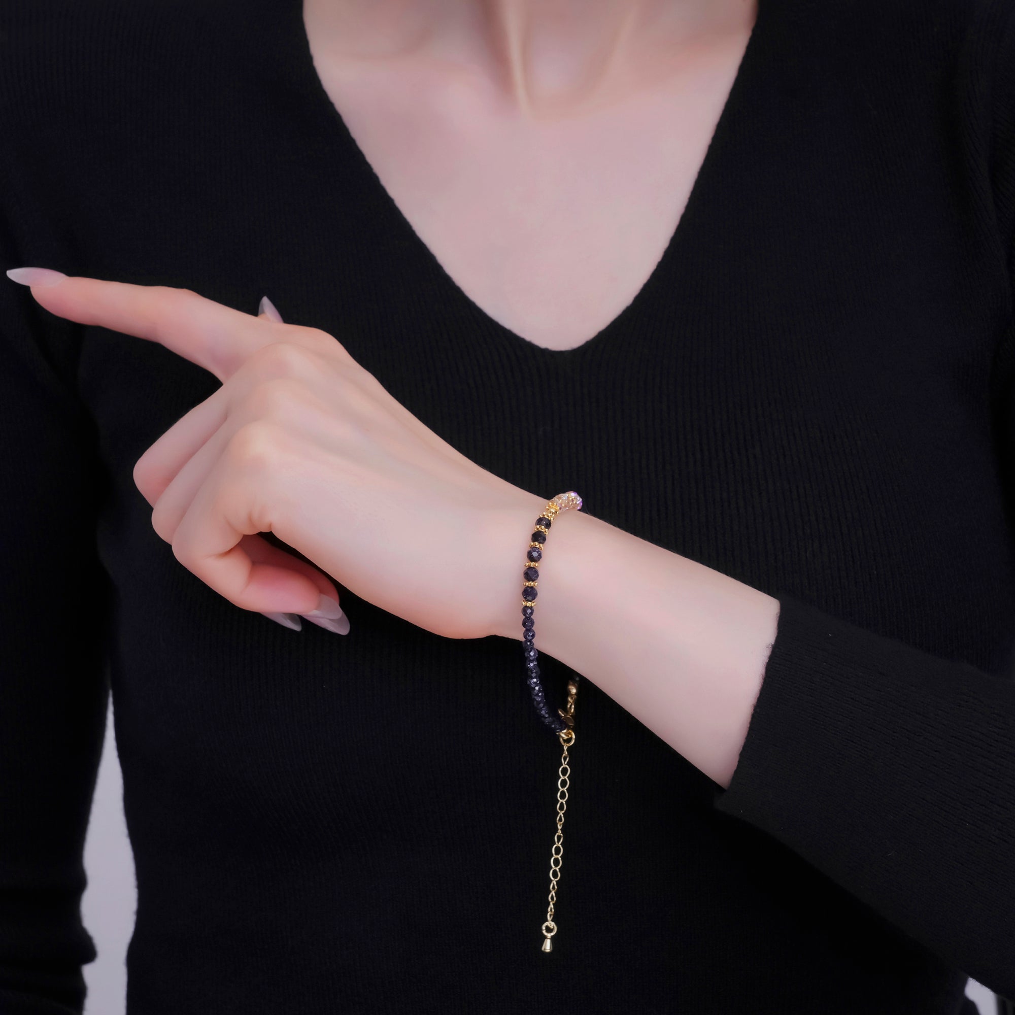 24K Gold Filled 4mm AB Blue Black Goldstone Multifaceted Gemstone 7.5 Inch Bracelet | WA-2890