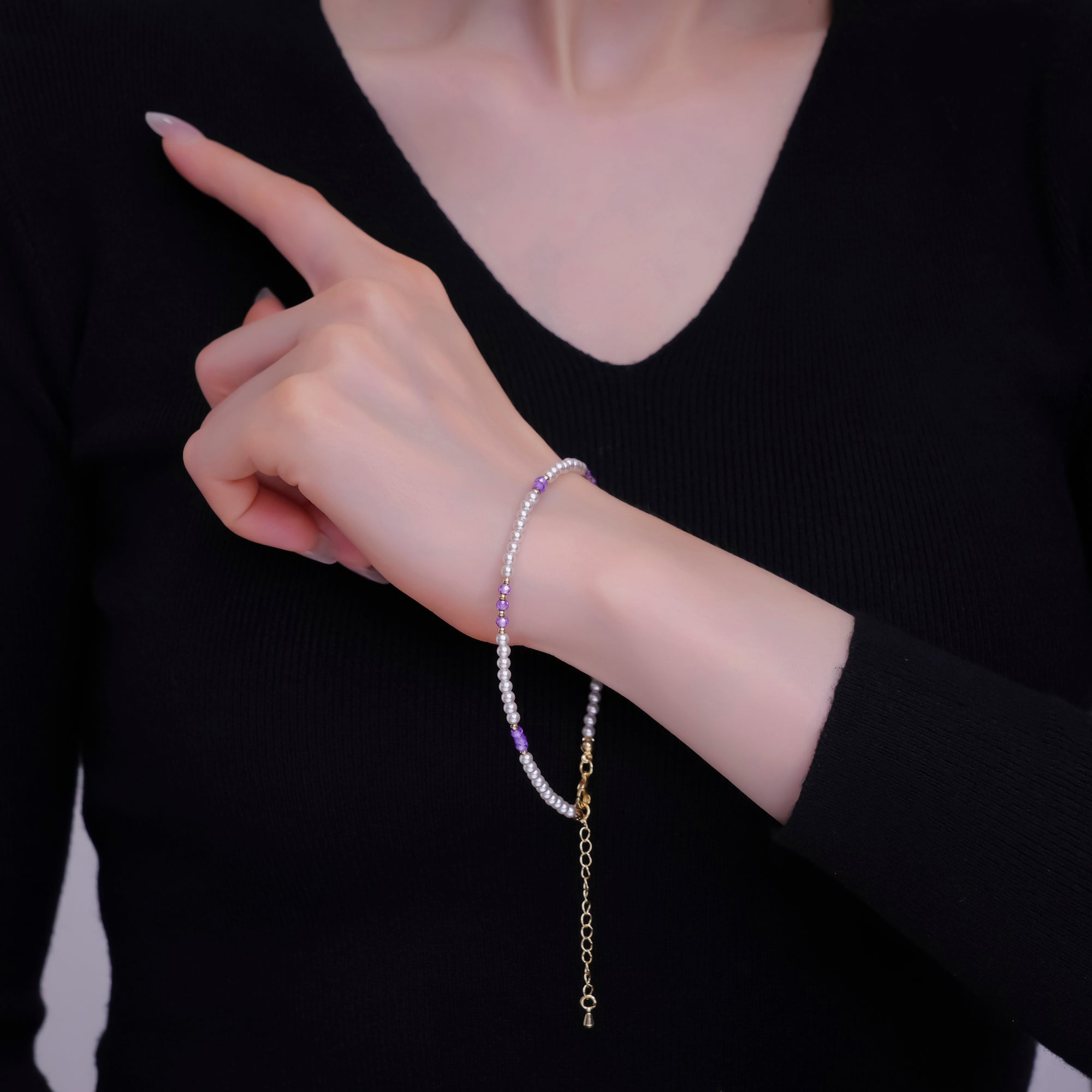 24K Gold Filled 2mm Purple White Round Gemstone 9 Inch Anklet | WA-2948