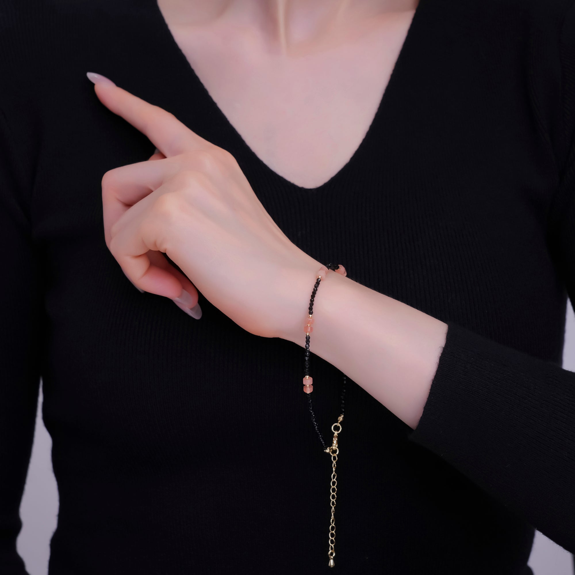 24K Gold Filled 2mm Pink Black Multifaceted Gemstone 9 Inch Anklet | WA-2949