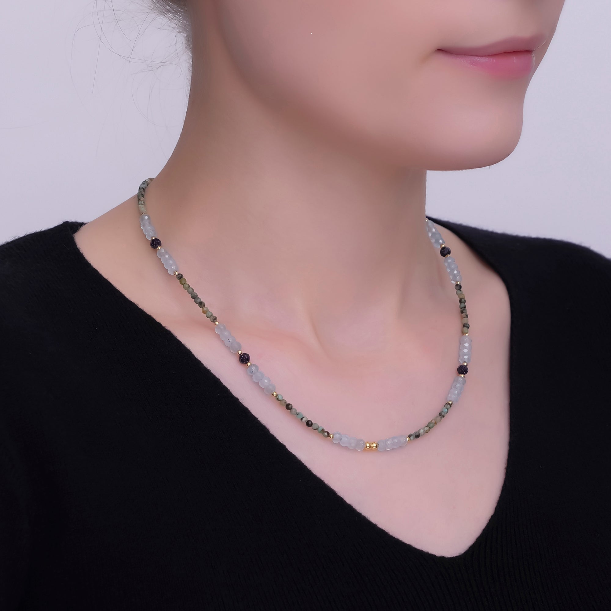 24K Gold Filled Green Blue Multifaceted Gemstone Bead 17 Inch Necklace | WA-2965