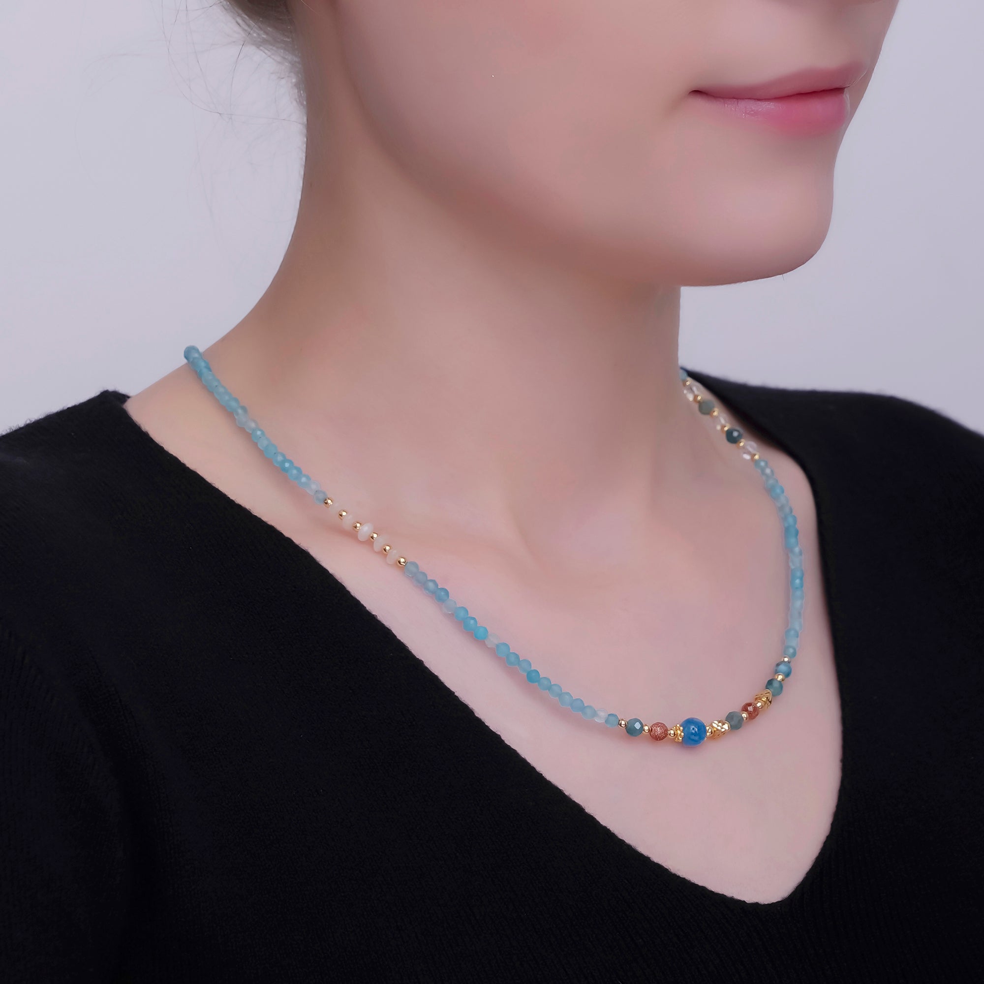 24K Gold Filled Blue Multicolor Gemstone Gemstone Bead 18 Inch Necklace | WA-2873