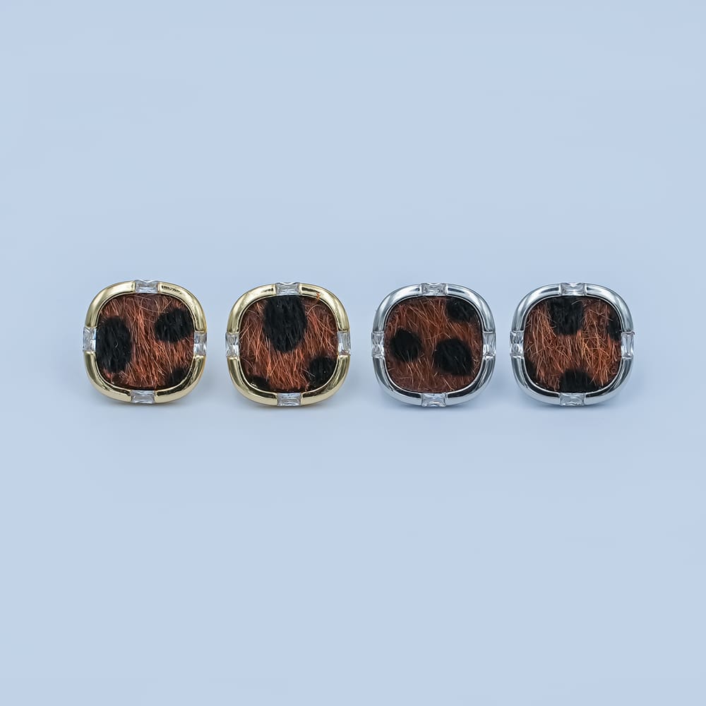 Animal Print Fur Leopard Cheetah Square Bezel With CZ Stone Stud Earrings in Gold & Silver | AE158