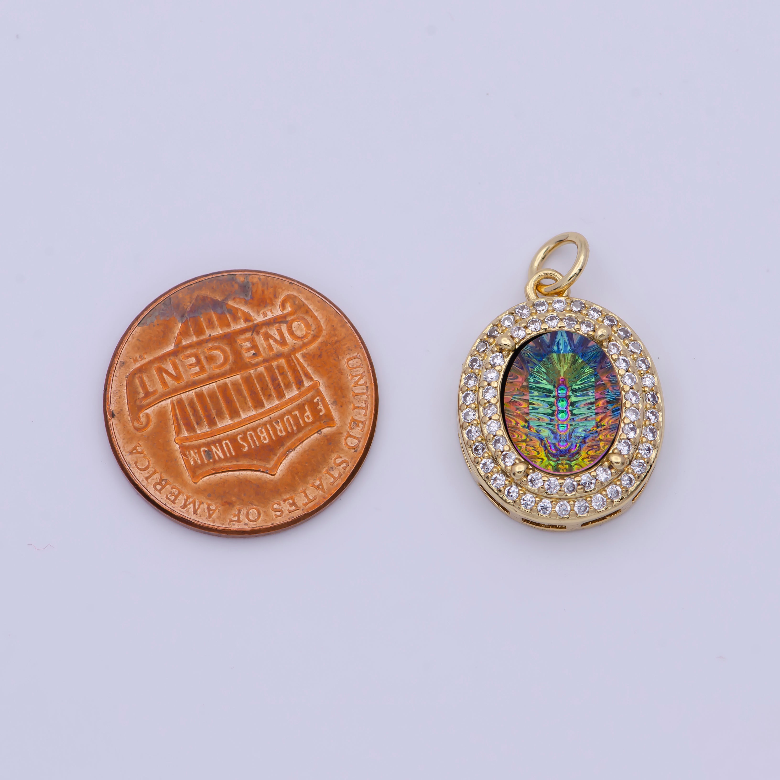 14K Gold Filled Multicolor, Purple, Yellow, Blue Iridescent Thermal CZ Micro Paved Oval Charm | AG070 - AG073