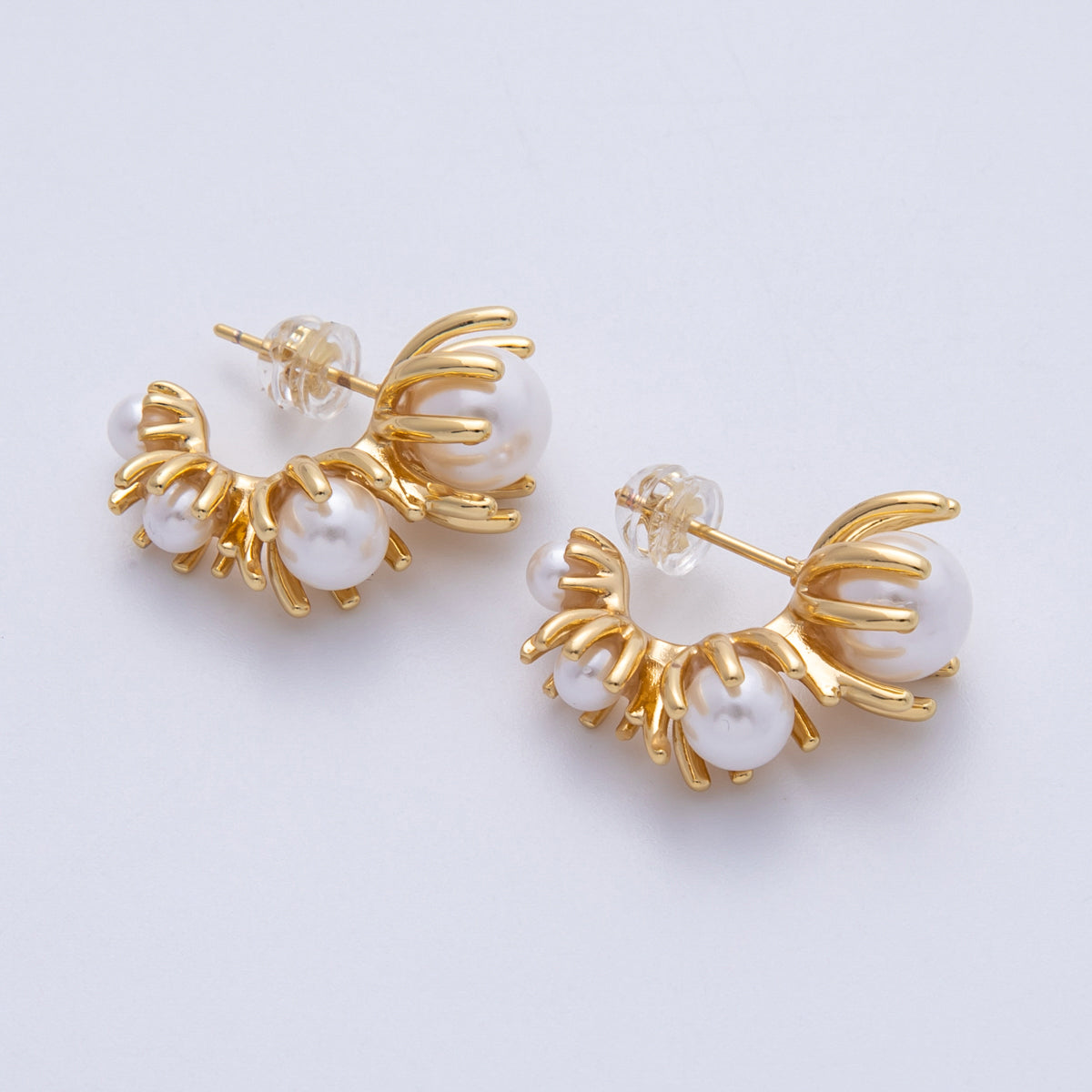 14K Gold Filled 23mm Curved Ribbed with Pearls J-Hoop Earrings | EARRINGS-00044