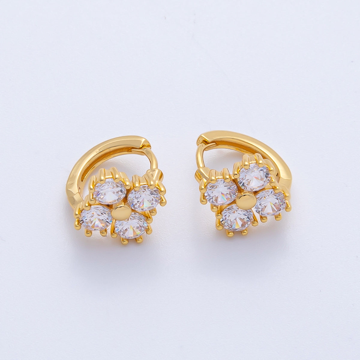18K Gold Filled 12mm Clear CZ Clover Huggie Earrings | Earrings-00053