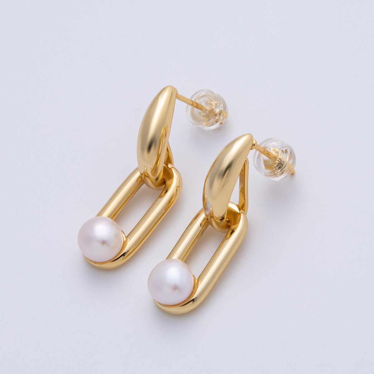 14K Gold Filled 28.8mm Shell Pearl Paperclip Drop Stud Earrings | Earrings-00059