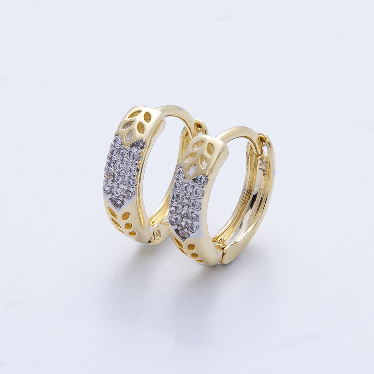 14K Gold Filled 13.5mm Micro Paved CZ Filigree Mixed Metal Huggie Earrings | Earrings-00061