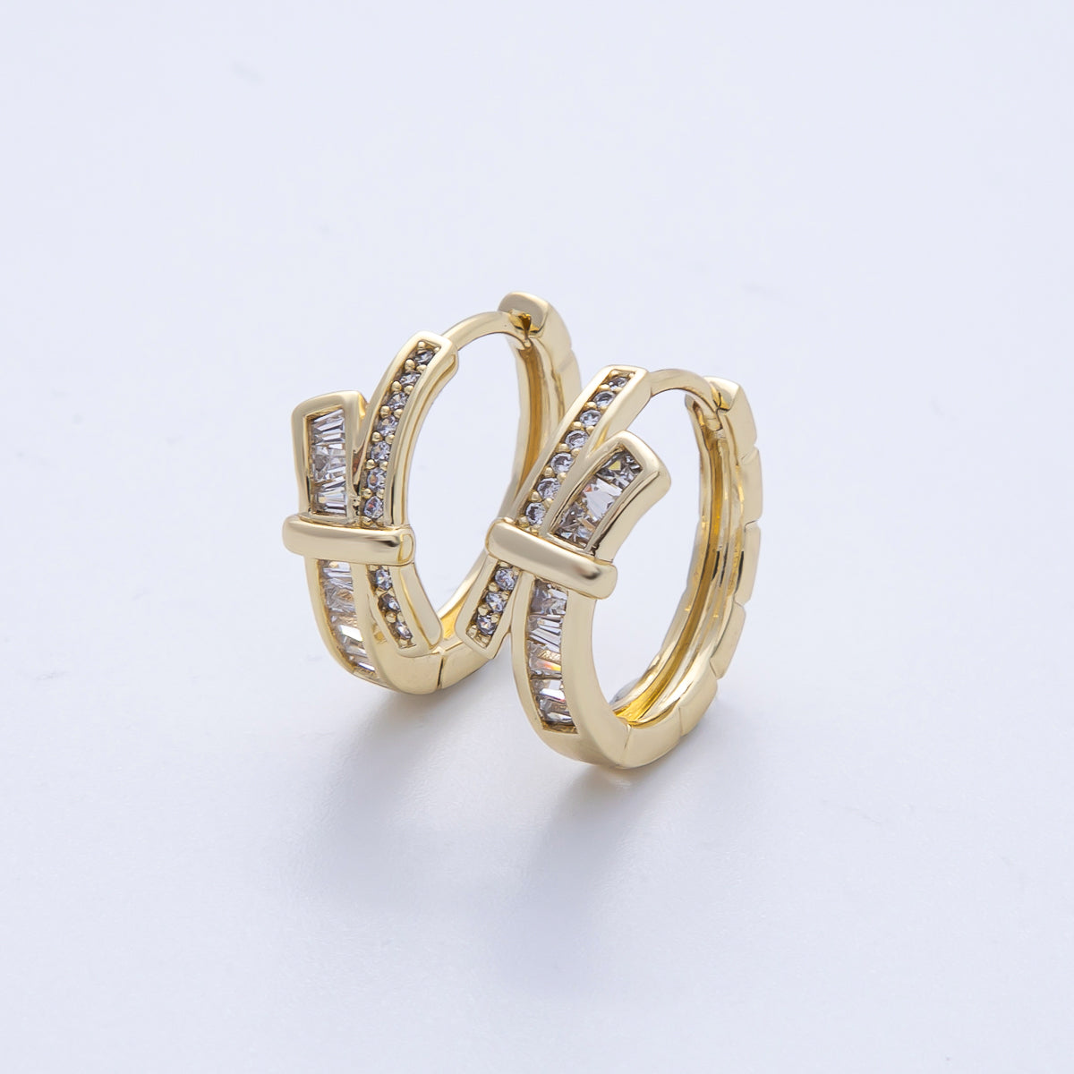 14K Gold Filled 18mm Baguette Micro Paved CZ Ribbed Knot Tied Huggie Earrings | Earrings-00065