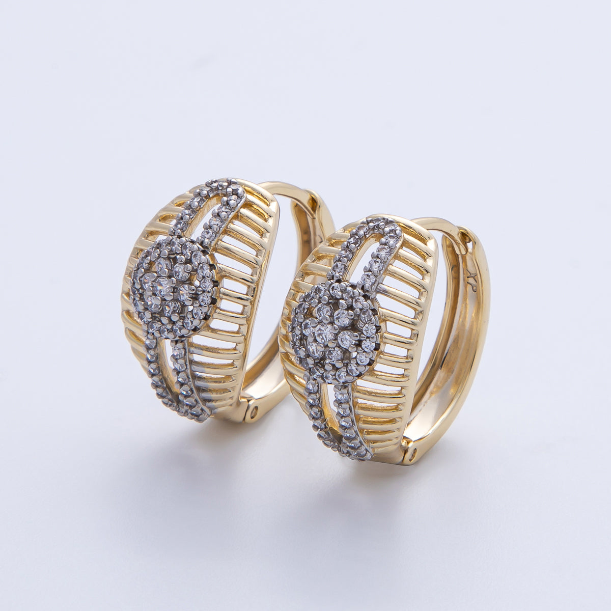 14K Gold Filled 20mm Mixed Metal Micro Paved CZ Filigree Open Huggie Earrings | Earrings-00079