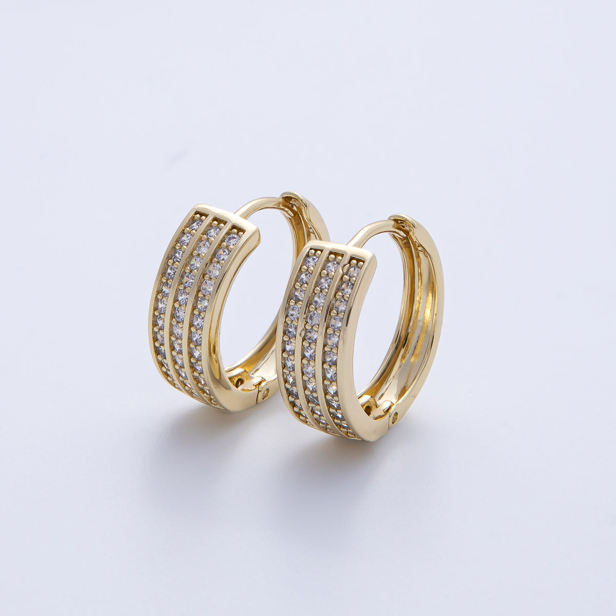 14K Gold Filled 18mm Triple Micro Paved CZ Huggie Earrings | Earrings-00091