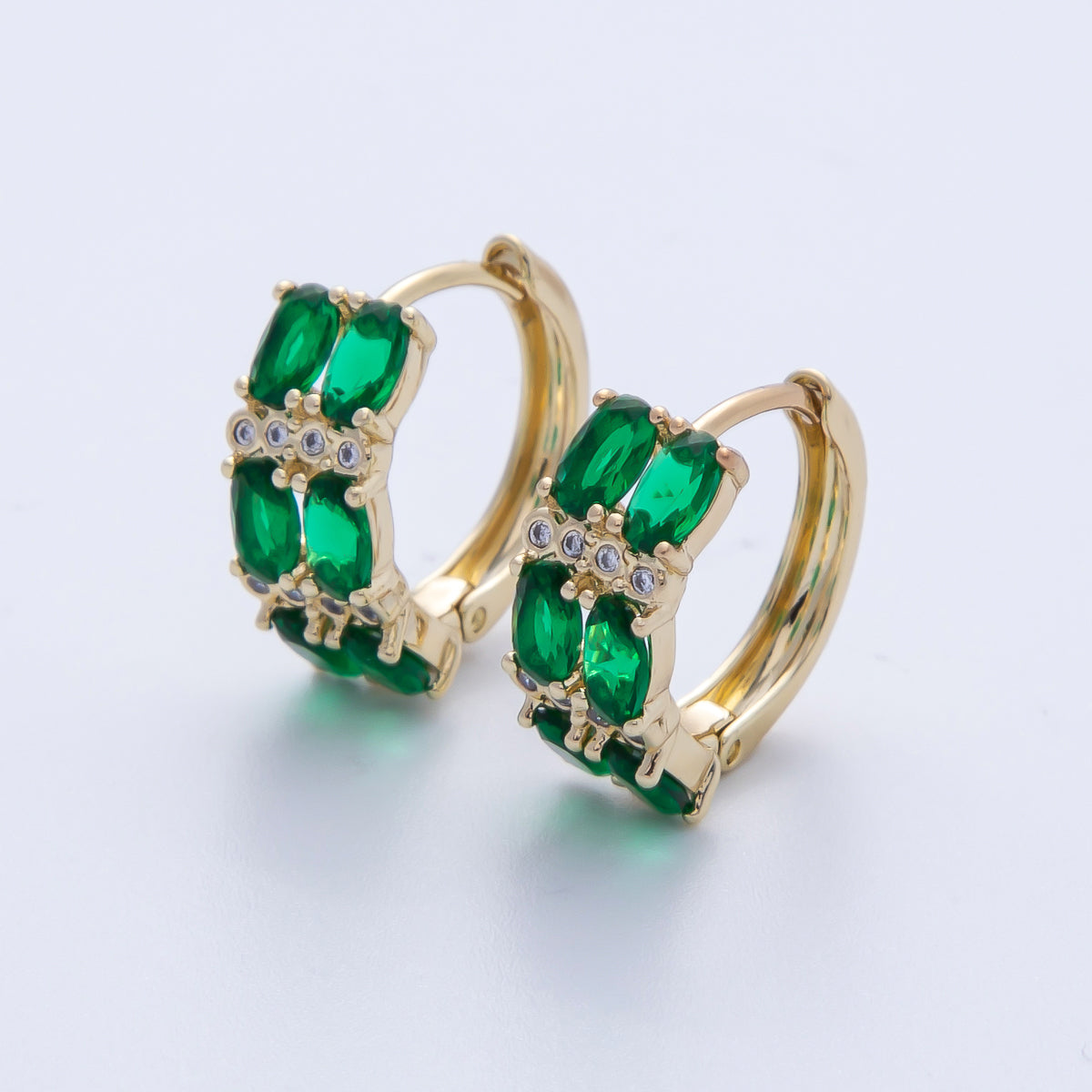 14K Gold Filled 16mm Green CZ Double Oval Huggie Earrings | Earrings-00092