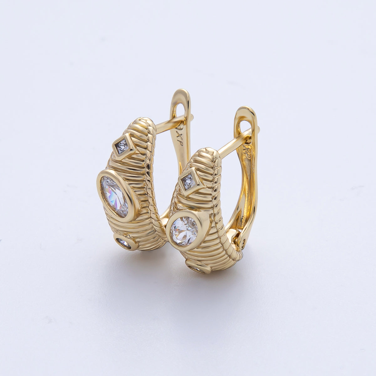 14K Gold Filled 16.5mm Geometric CZ Ribbed Dome English Lock Earrings | Earrings-00100
