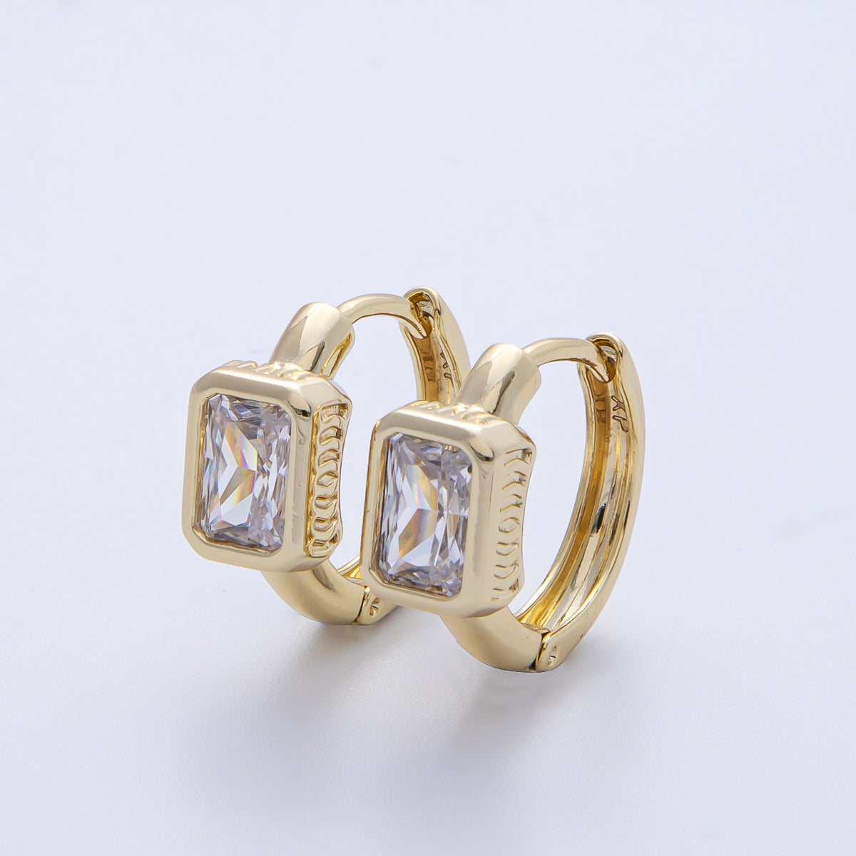 14K Gold Filled 15mm Clear Baguette CZ Bezel Huggie Earrings | Earrings-00104