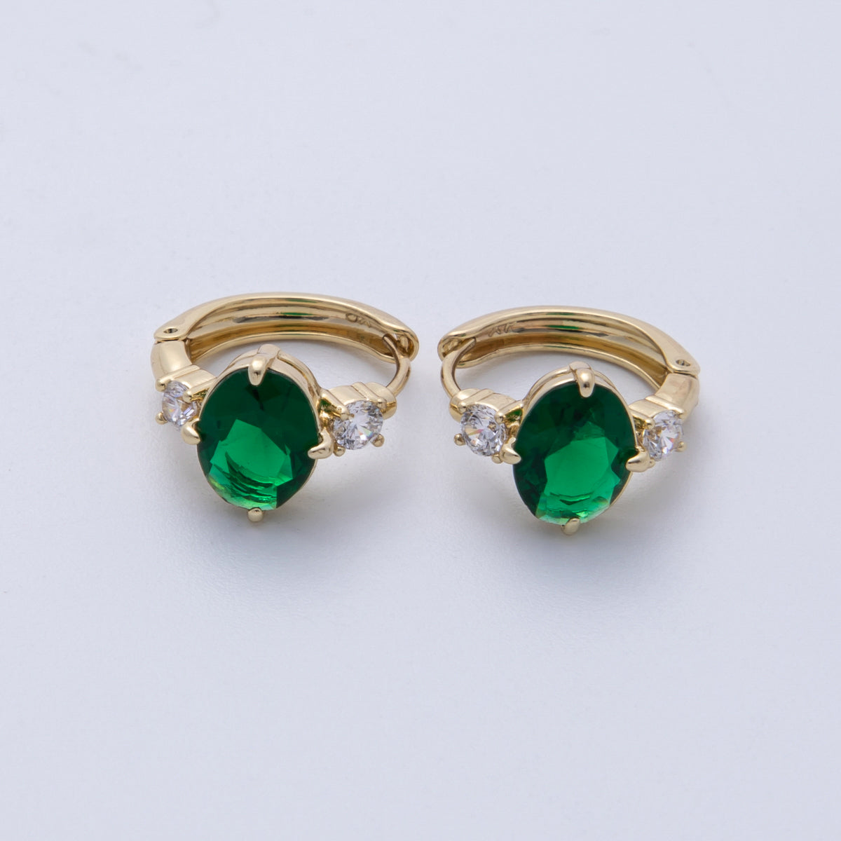14K Gold Filled 15mm Clear, Green, Red Oval Solitaire CZ Huggie Earrings | Earrings-00145 ~ Earrings-00147
