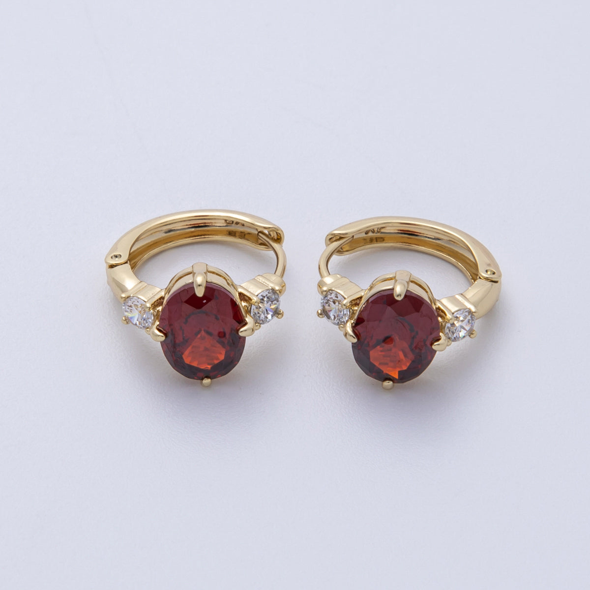 14K Gold Filled 15mm Clear, Green, Red Oval Solitaire CZ Huggie Earrings | Earrings-00145 ~ Earrings-00147