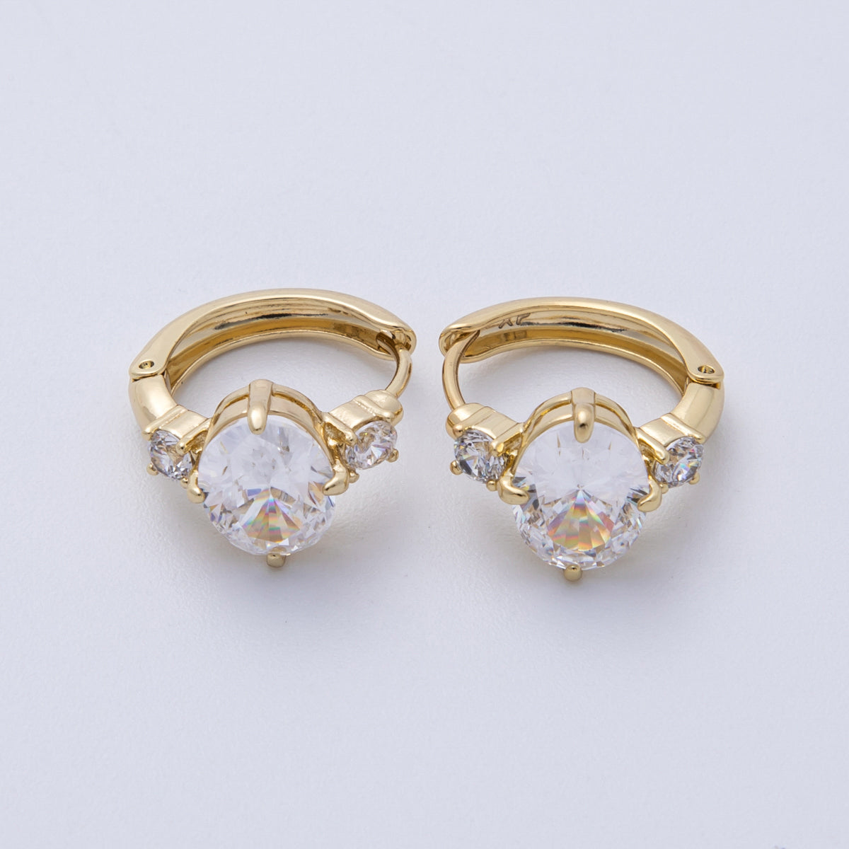 14K Gold Filled 15mm Clear, Green, Red Oval Solitaire CZ Huggie Earrings | Earrings-00145 ~ Earrings-00147