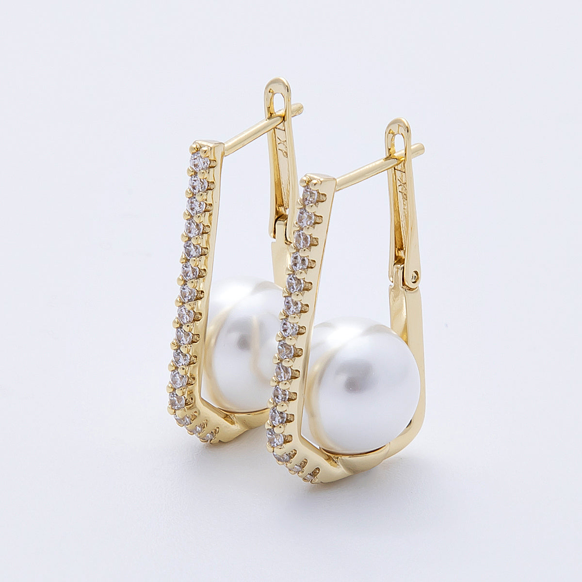 14K Gold Filled 27mm Shell Pearl Micro Paved CZ Geometric Oblong Hinge Hoop | Earrings-00174