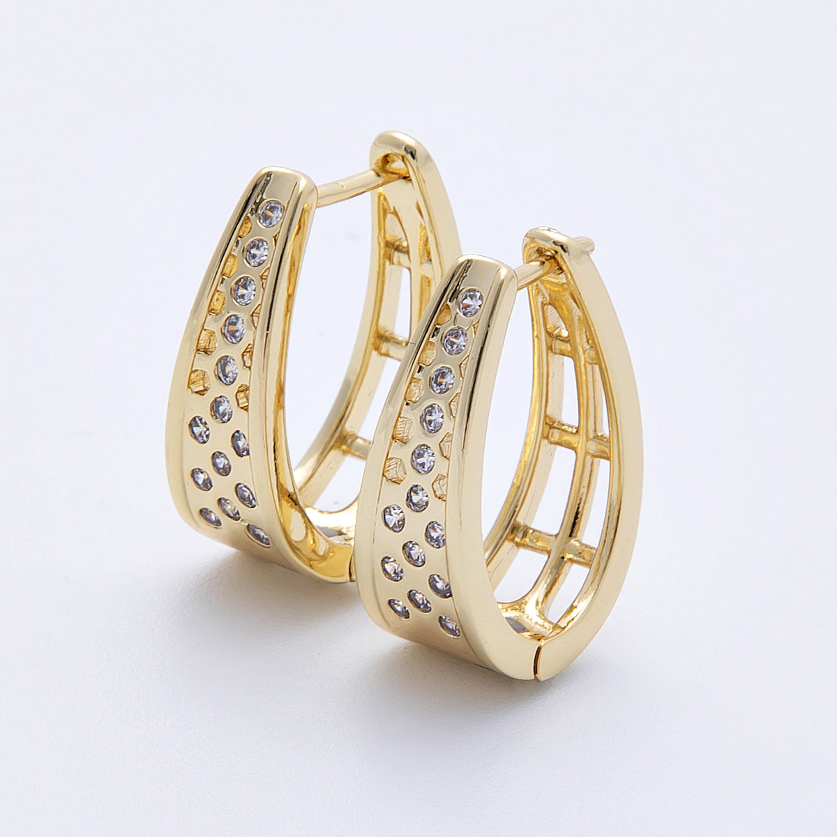 14K Gold Filled 21mm Clear CZ Dotted Open Wide Oblong Hoops | Earrings-00175