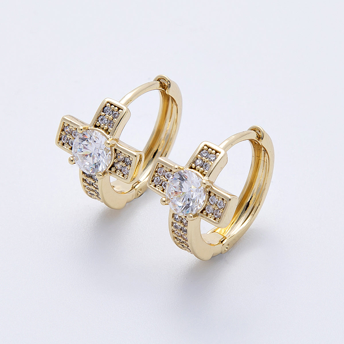 14K Gold Filled 17.5mm Micro Paved CZ Cross Huggie Earrings | Earrings-00178