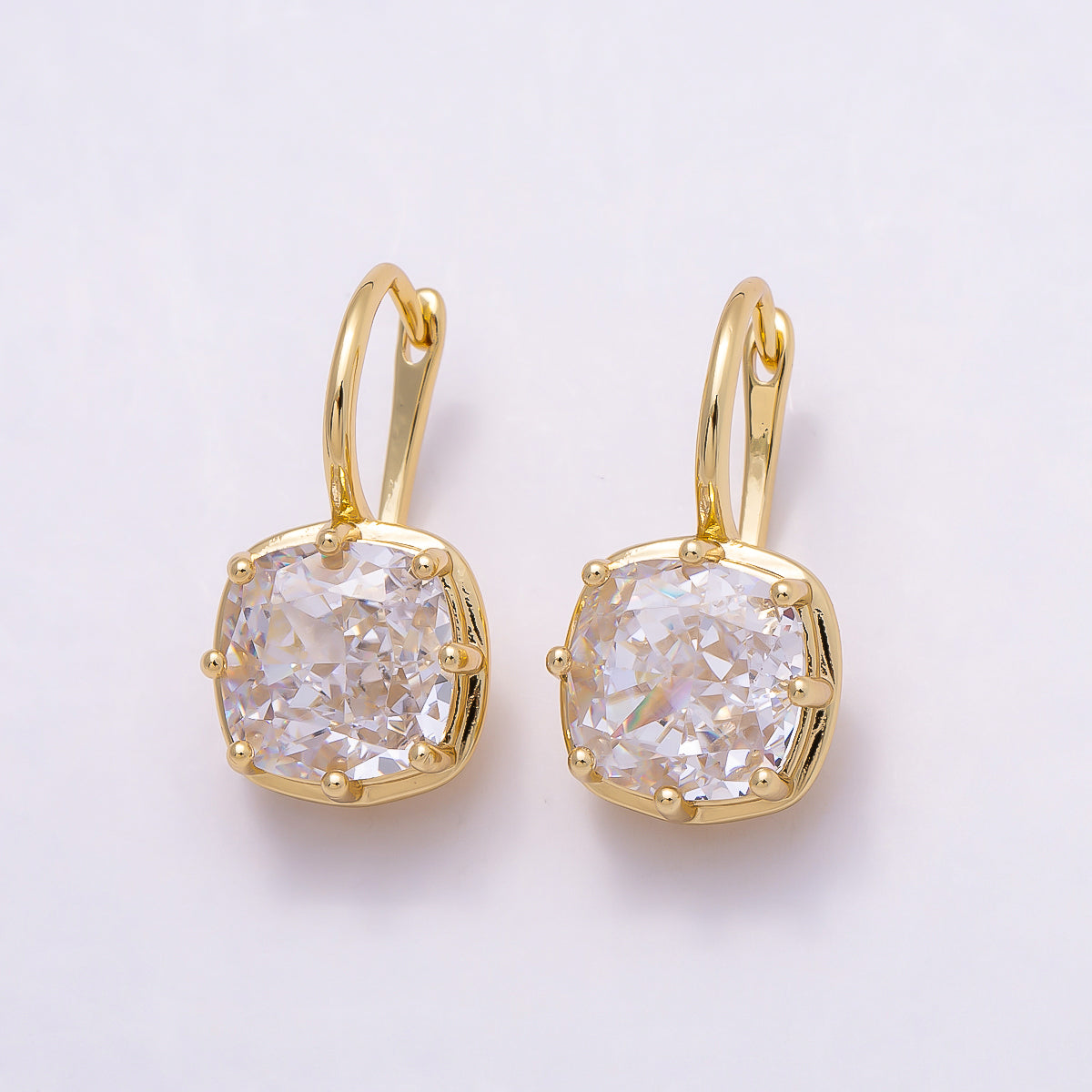 16K Gold Filled 23mm Clear CZ Rounded Square Drop Hoop Earrings | Earrings-00411