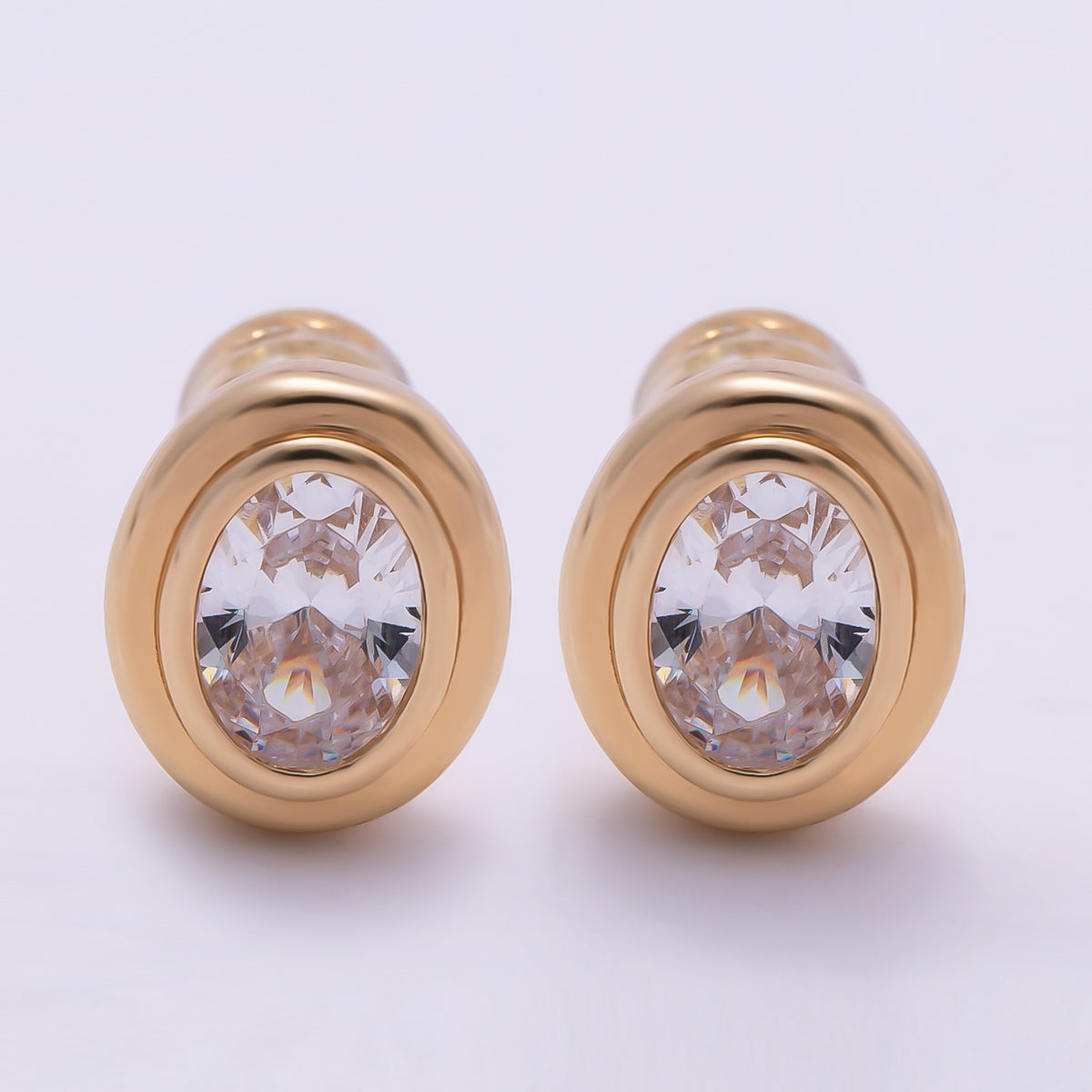 16K Gold Filled 10mm Clear CZ Oval Bezel Stud Earrings in Gold & Silver | Earrings-00413 Earrings-00414