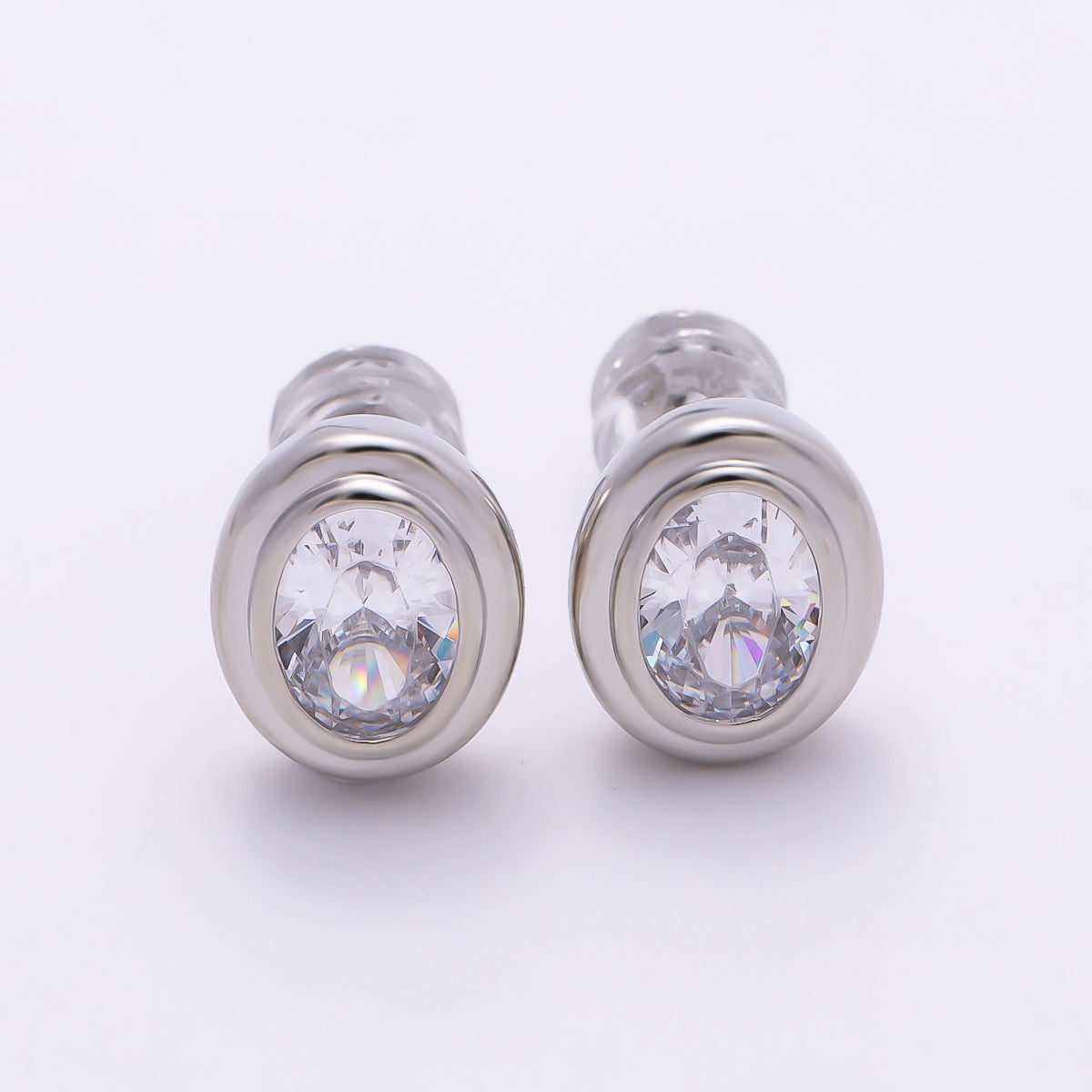 16K Gold Filled 10mm Clear CZ Oval Bezel Stud Earrings in Gold & Silver | Earrings-00413 Earrings-00414