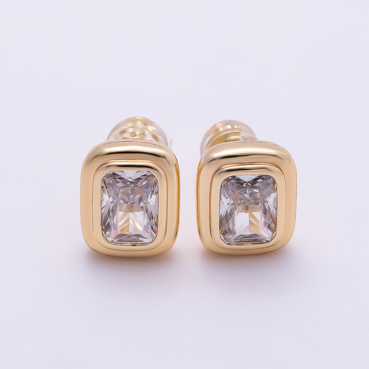 16K Gold Filled 10mm Clear CZ Baguette Bezel Stud Earrings in Gold & Silver | Earrings-00419 Earrings-00420