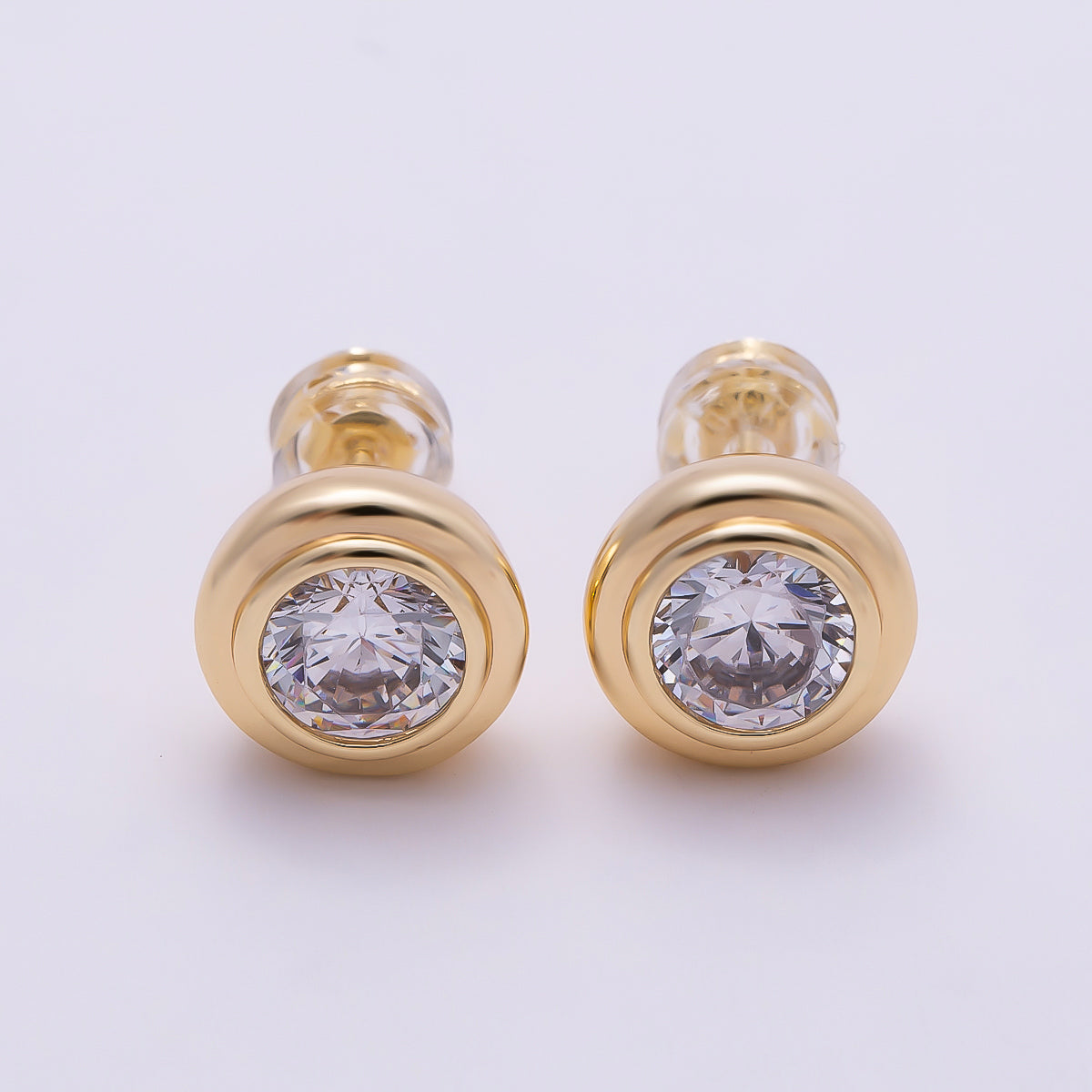 16K Gold Filled 9mm Clear CZ Round Bezel Stud Earrings in Gold & Silver | Earrings-00425 Earrings-00426