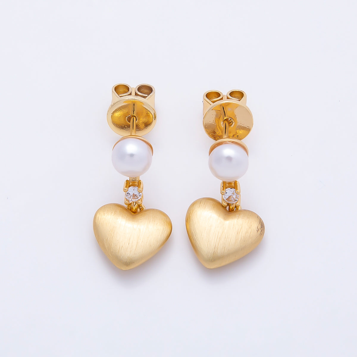 18K Gold Filled 19mm Clear CZ Shell Pearl Heart Drop Stud Earrings | Earrings-00429