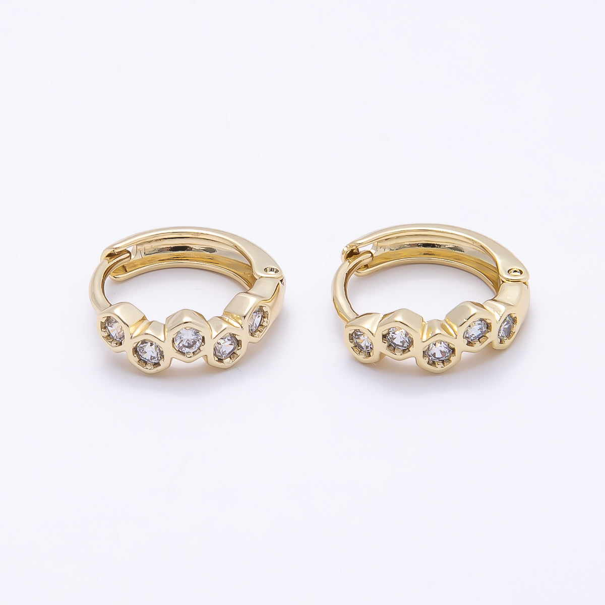 16K Gold Filled 13mm Clear CZ Hexagonal Bezel Huggie Earrings | Earrings-00430