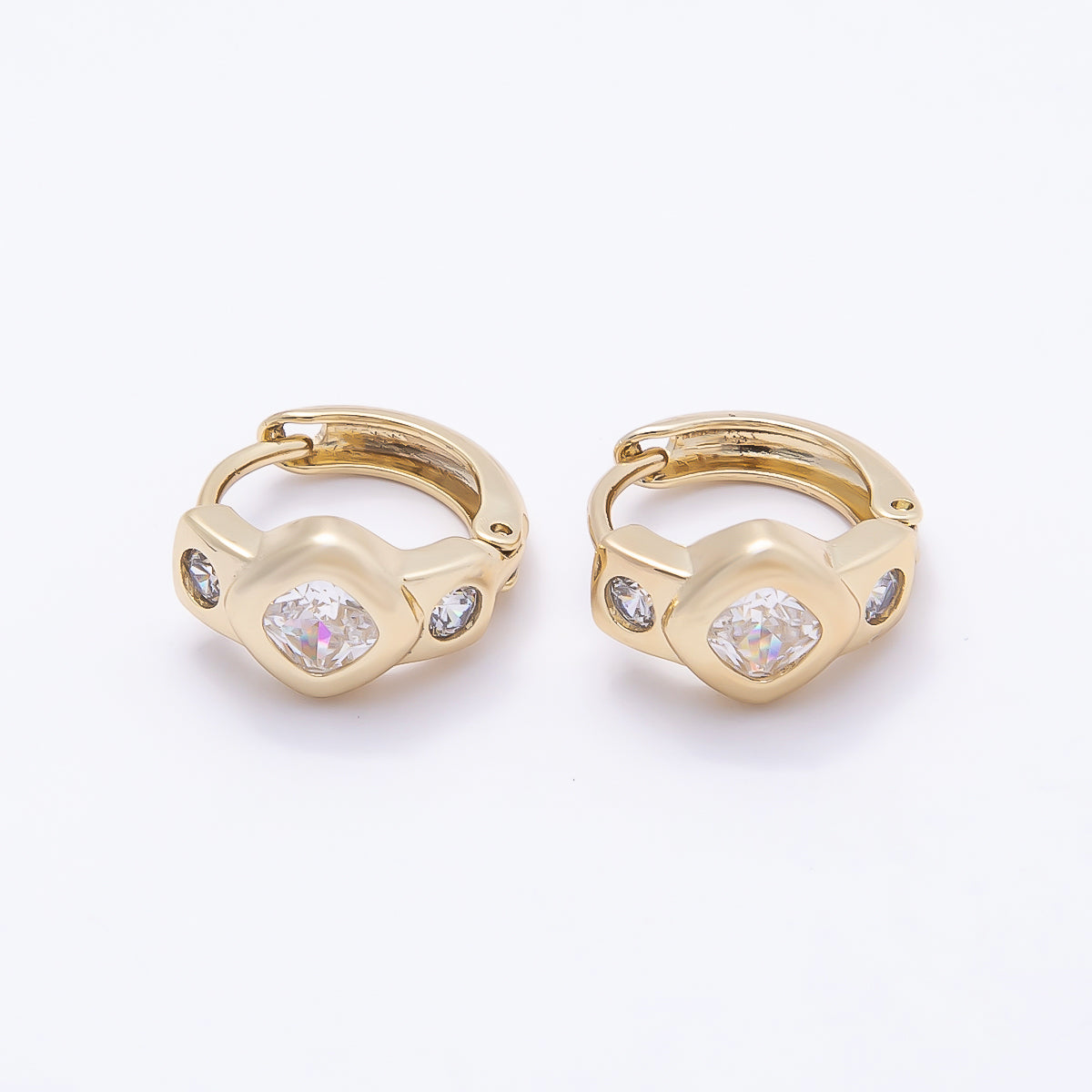 16K Gold Filled 14mm Clear CZ Round Rhombus Dotted Cartilage Huggie Earrings | Earrings-00438