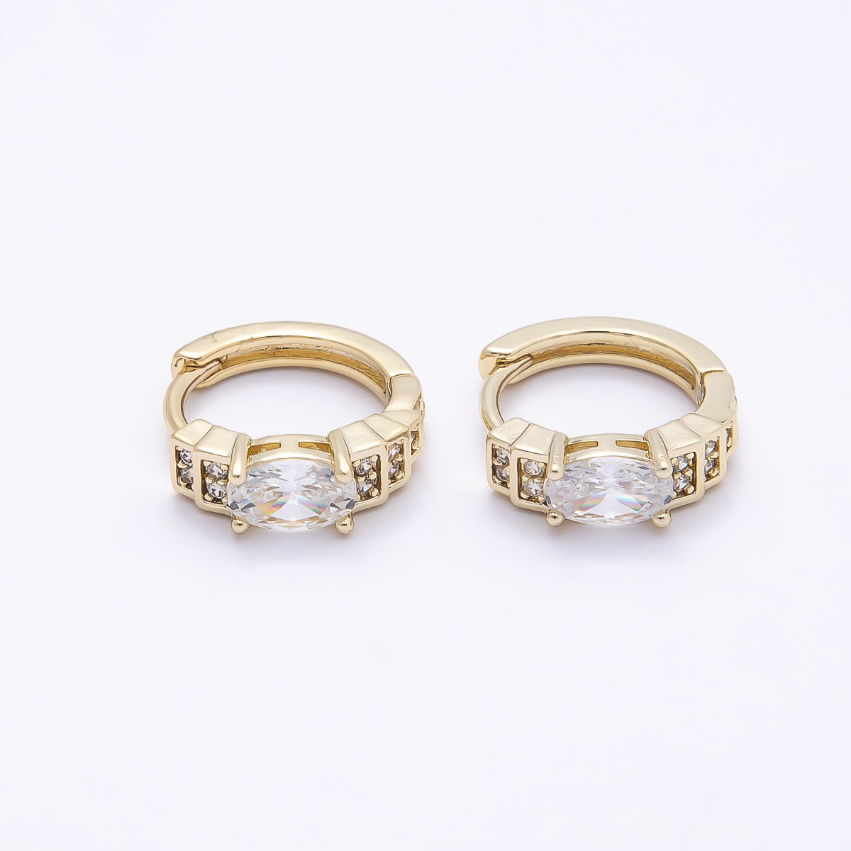 16K Gold Filled 14mm Oval Micro Paved CZ Geometric Huggie Earrings | Earrings-00440