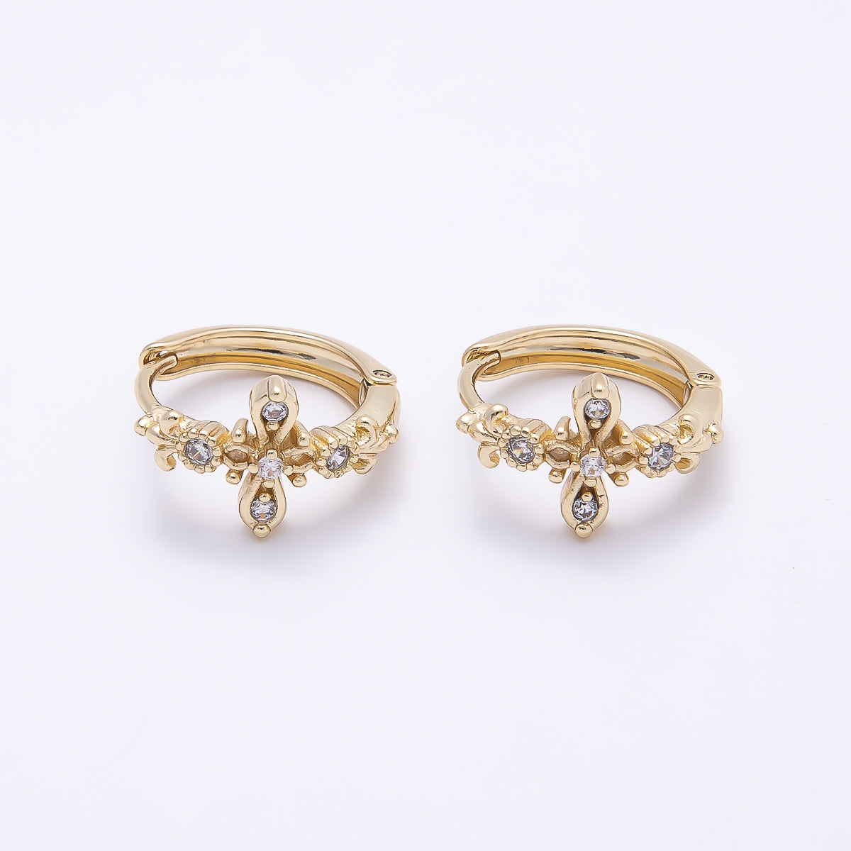 16K Gold Filled 17mm Clear CZ Religious Passion Cross Huggie Earrings | Earrings-00446