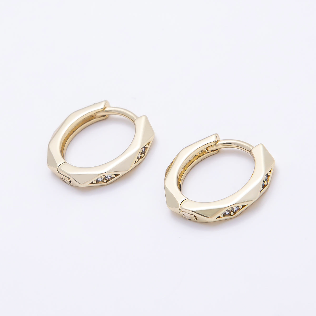 16K Gold Filled 14mm Clear Micro Paved CZ Geometric Hexagonal Cartilage Huggie Earrings | Earrings-00447