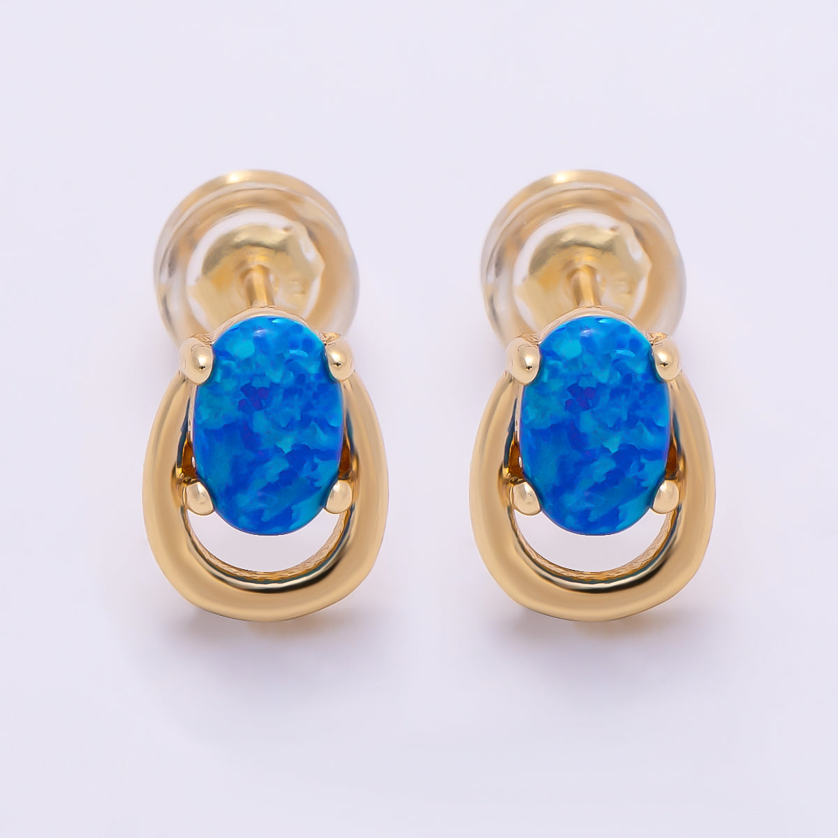 16K Gold Filled 14mm White, Blue Opal Gemstone Open Bezel Stud Earrings | Earrings-00460 Earrings-00461