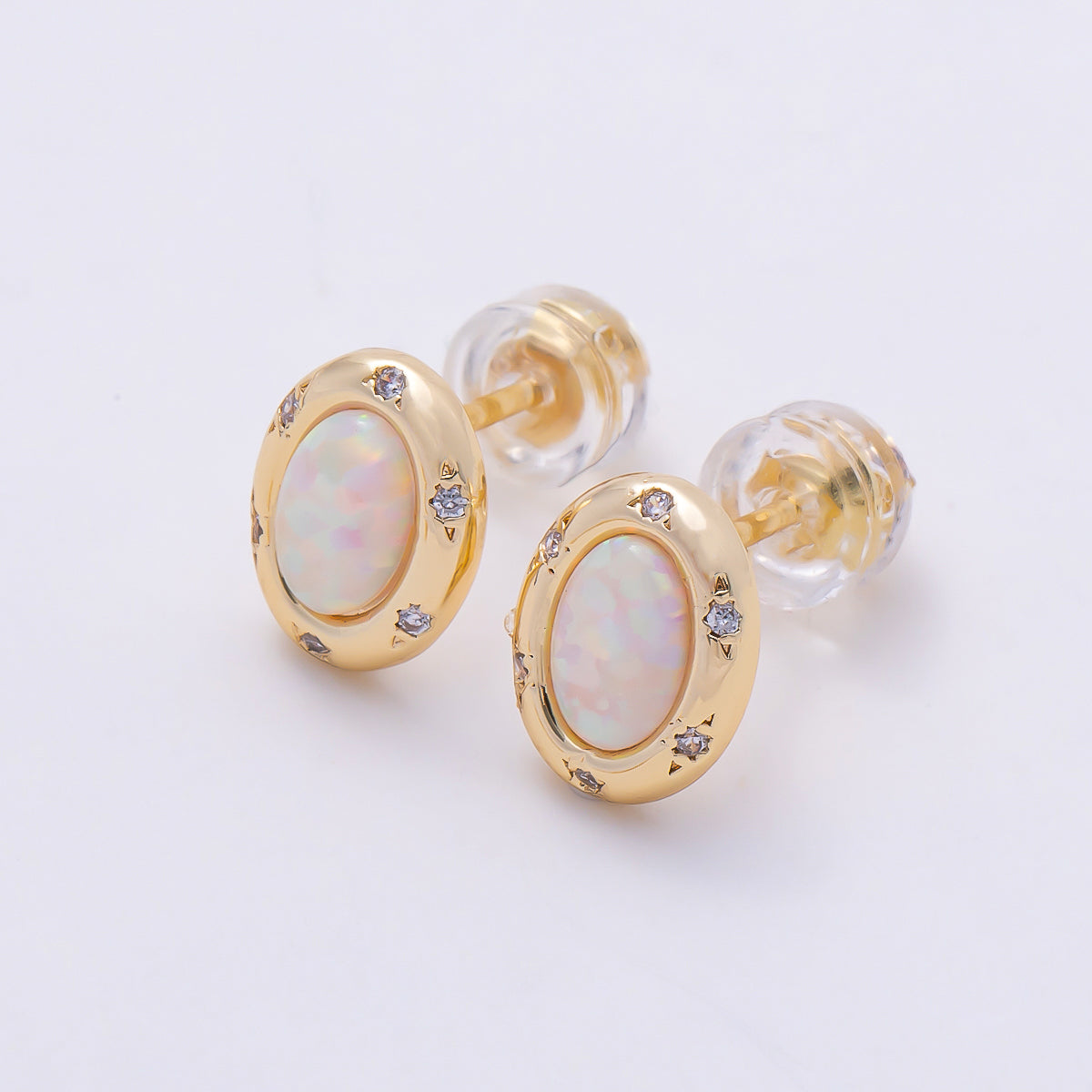 16K Gold Filled 14mm White, Blue Opal CZ Dotted Oval Bezel Stud Earrings | Earrings-00462- Earrings-00463