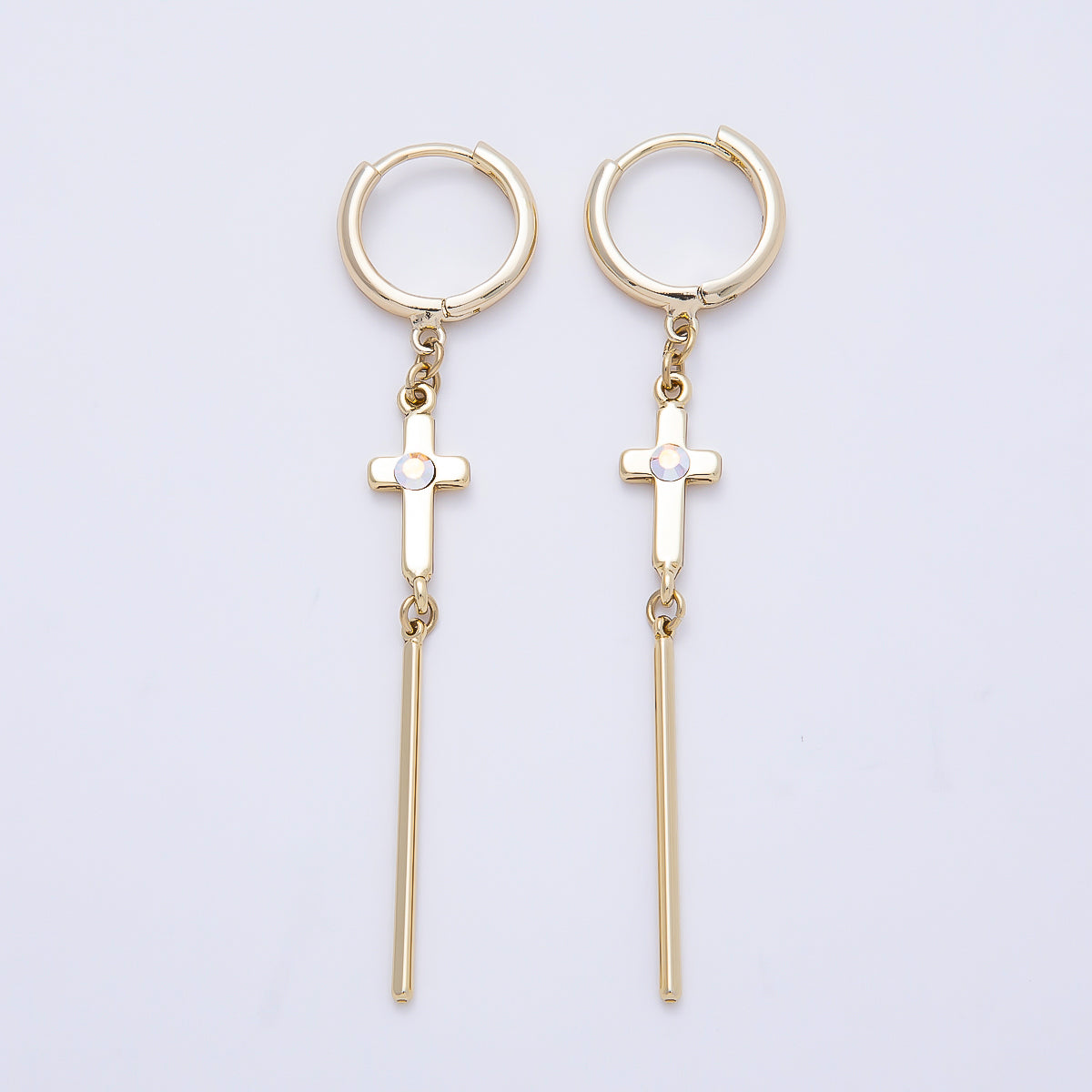 14K Gold Filled 60mm Iridescent AB, Clear CZ Religious Cross Bar Drop Huggie Earrings | Earrings-00648