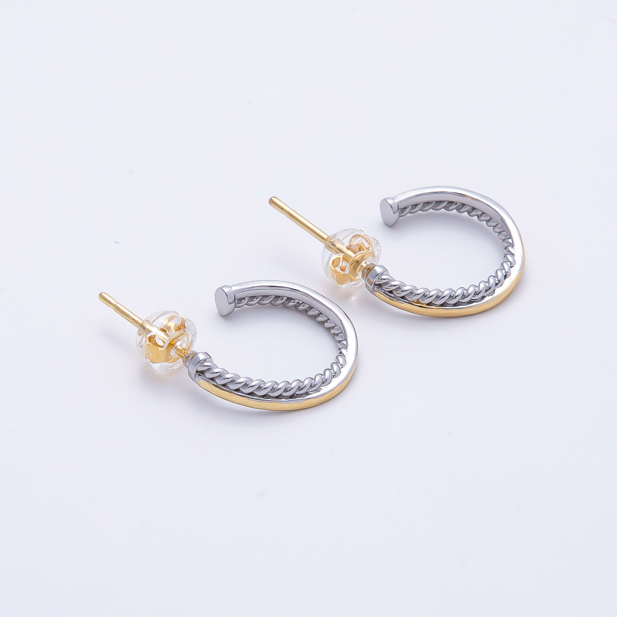16K Gold Filled 16mm Mixed Metal Croissant Double C-Shaped Hoop in Silver & Gold | Earrings-00650