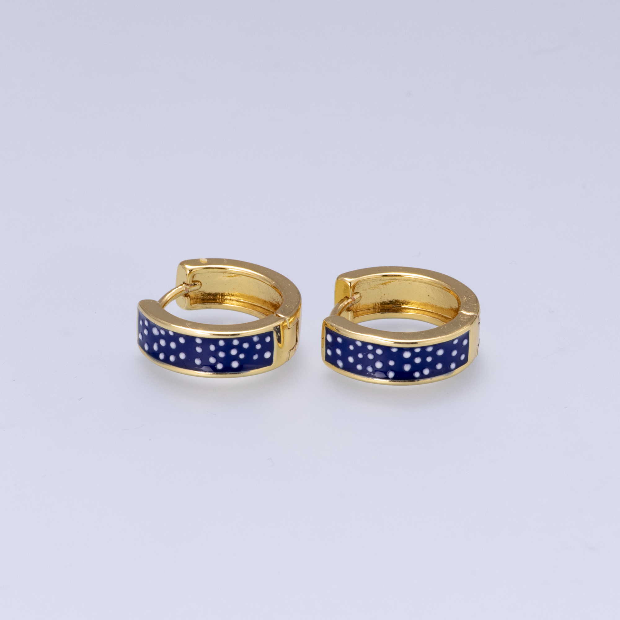 16K Gold Filled 12mm Polka Dotted Blue Enamel Huggie | Earrings-00653