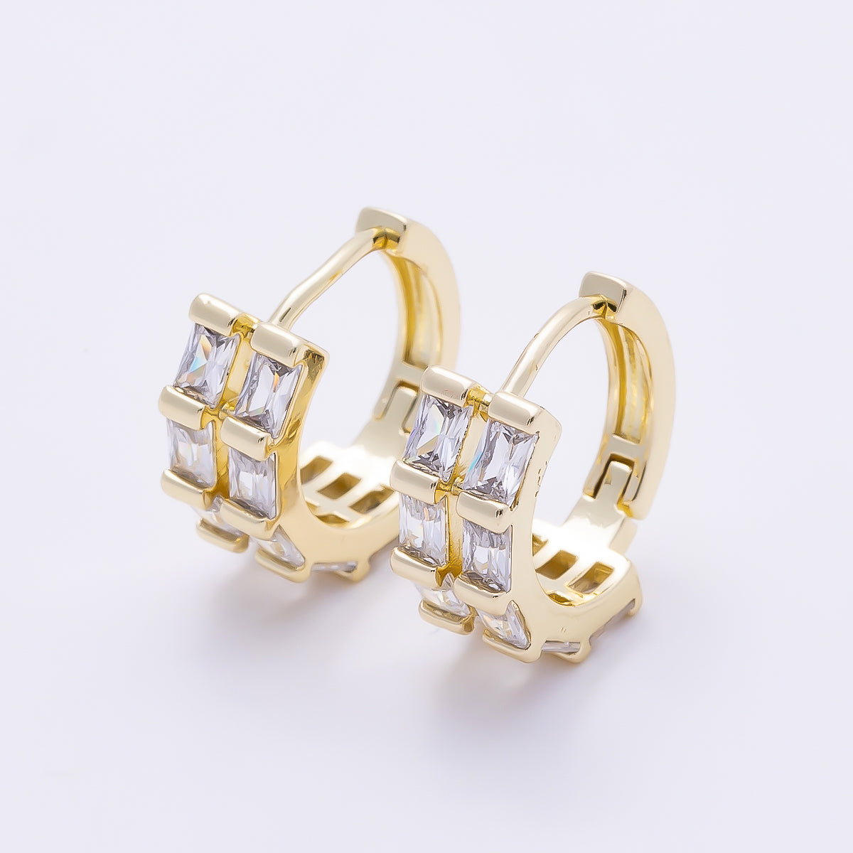 16K Gold Filled 13mm Clear CZ Double Baguette Huggie Hoop | Earrings-00683